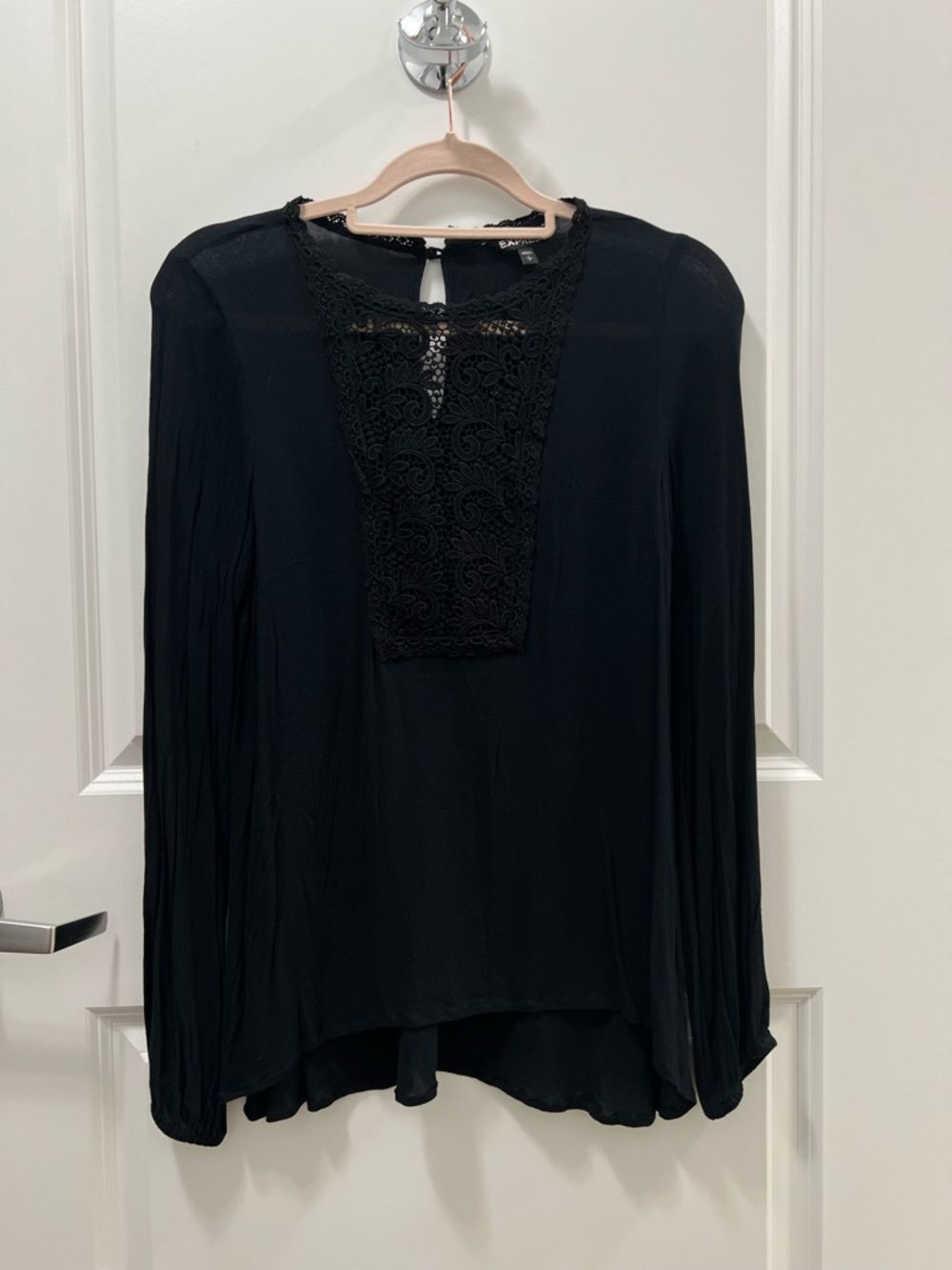 Express Womens Black Lace-Trim Long-Sleeve Blouse Size S